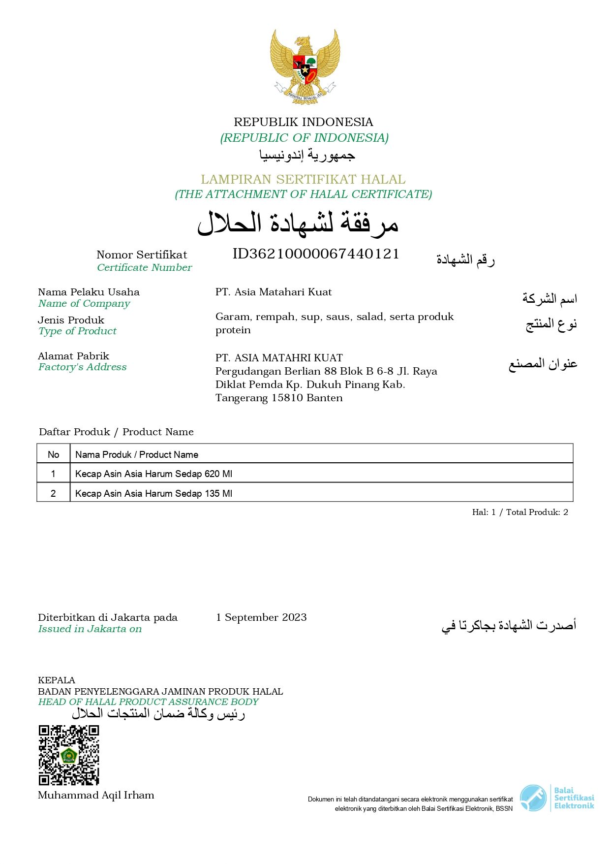 Sertifikat Halal BPJPH ID36210000067440121